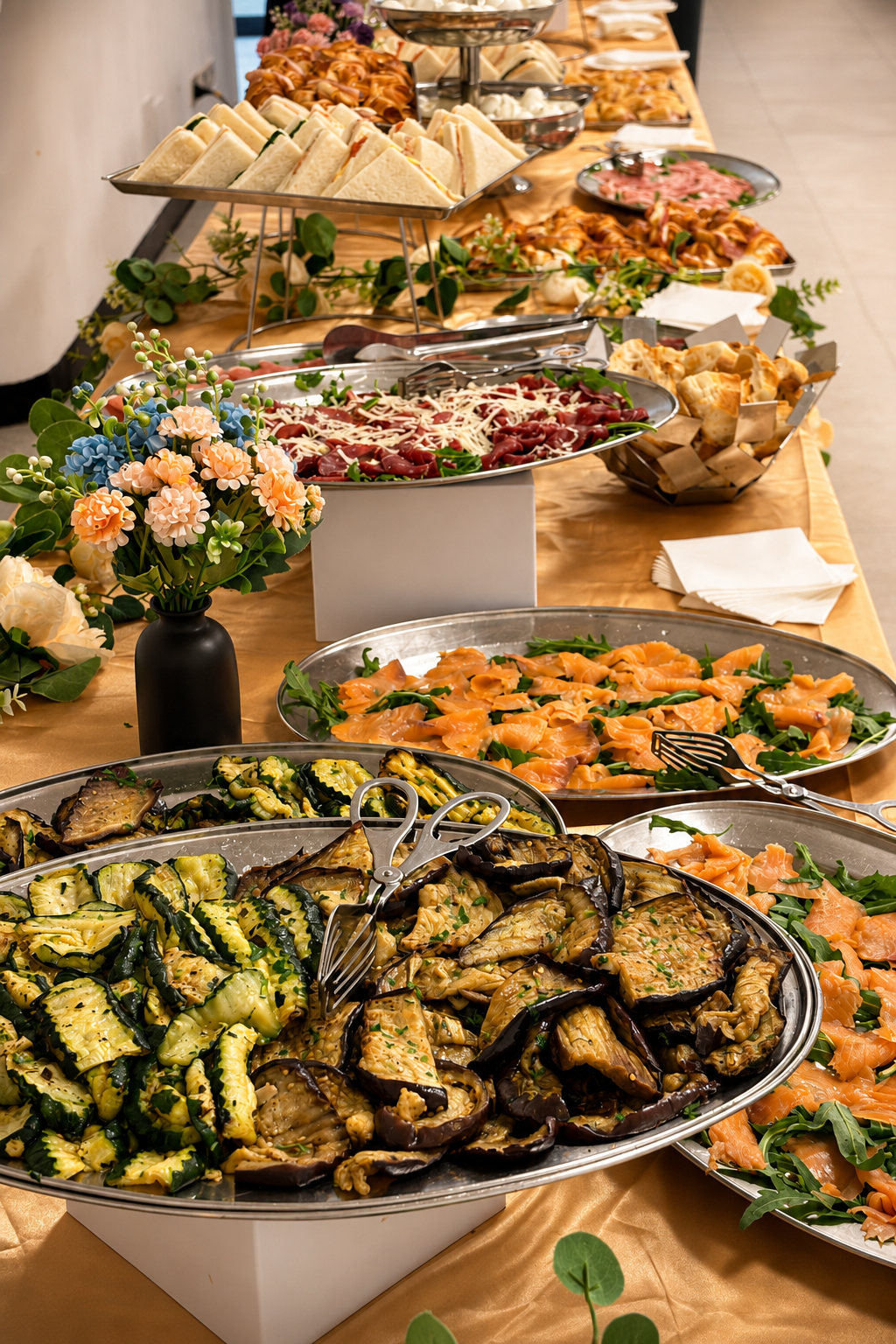 Buffet completo con verdure grigliate, salmone, salumi e tramezzini