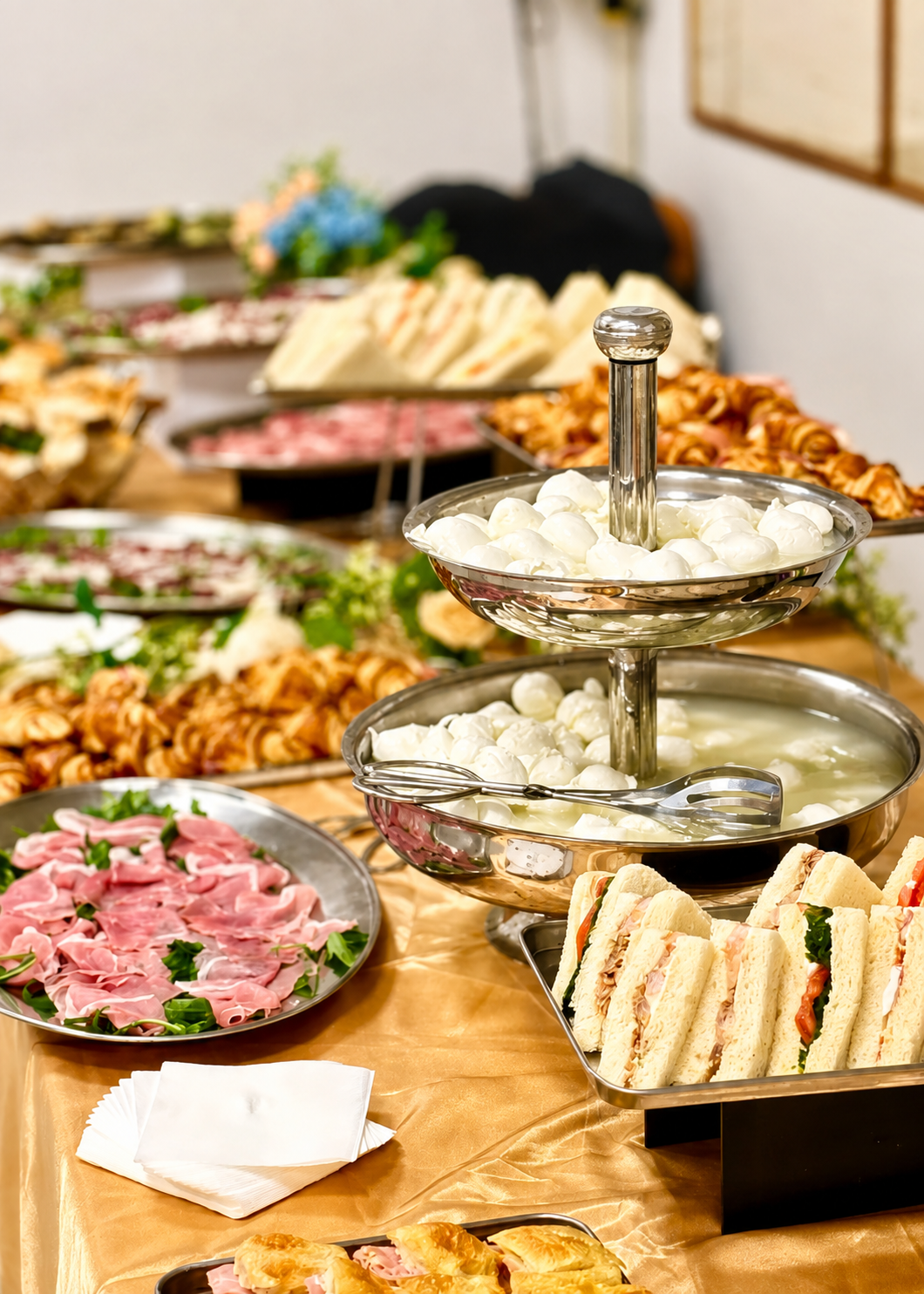 Buffet con mozzarelline, tramezzini, salumi e prodotti da forno