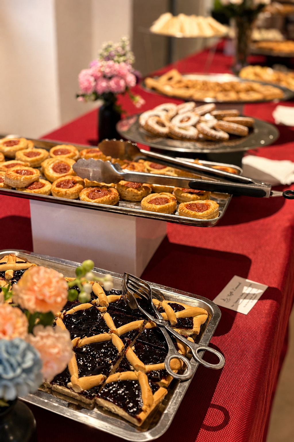 Allestimento con crostata, pizzette e proposte dolci